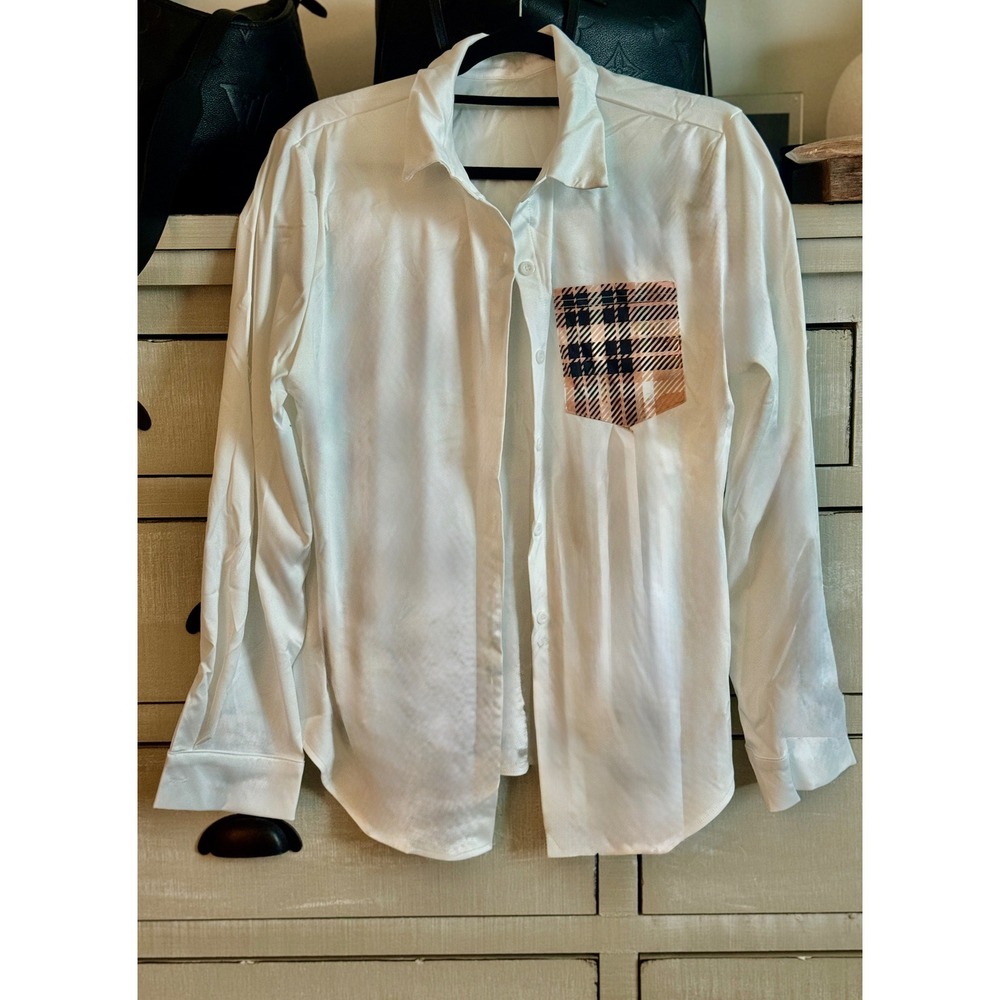 White Long Sleeve Shirt Plaid Pocket 2XL Button Down‎ Top Womenswear